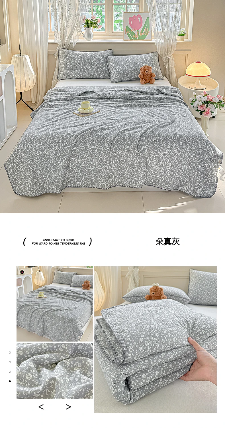 Floral Shell-Embroidered Crinkled Cotton Summer Quilt – Lightweight AC Blanket for Warm Nights