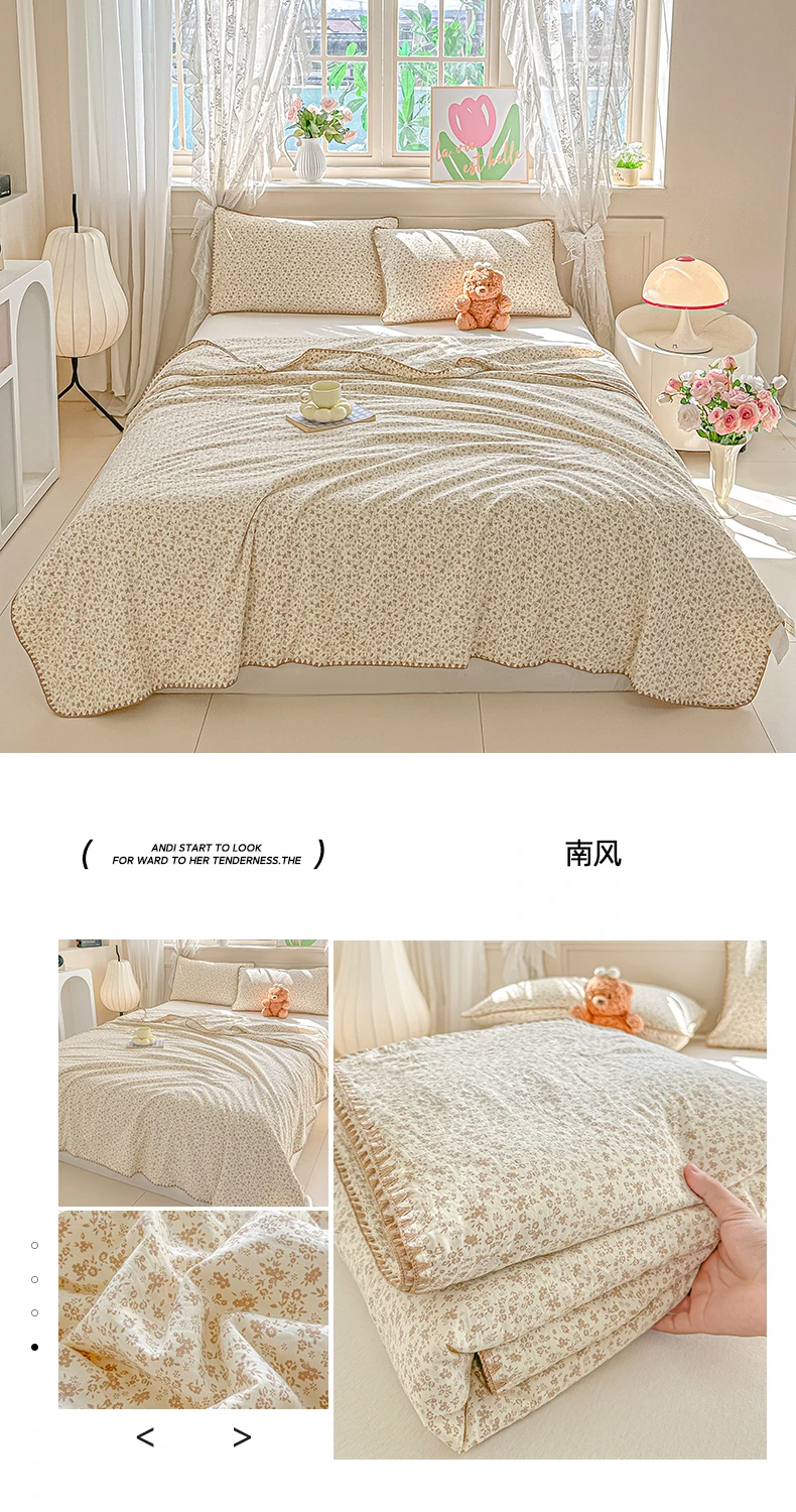 Floral Shell-Embroidered Crinkled Cotton Summer Quilt – Lightweight AC Blanket for Warm Nights