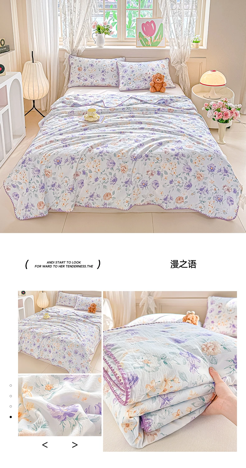 Floral Shell-Embroidered Crinkled Cotton Summer Quilt – Lightweight AC Blanket for Warm Nights