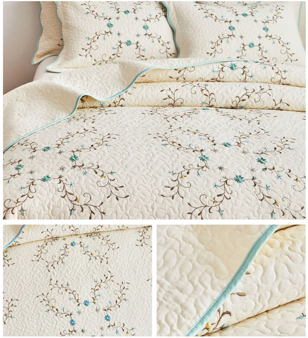 European Embroidered Cotton Quilt Set 3pcs Bedspread on the Bed Quilted Bed Cover King Size Summer Coverlet Blanket for Bed