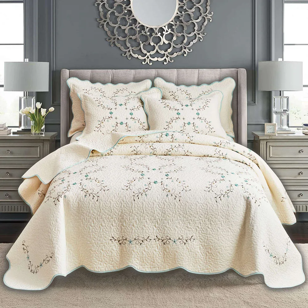 European Embroidered Cotton Quilt Set 3pcs Bedspread on the Bed Quilted Bed Cover King Size Summer Coverlet Blanket for Bed