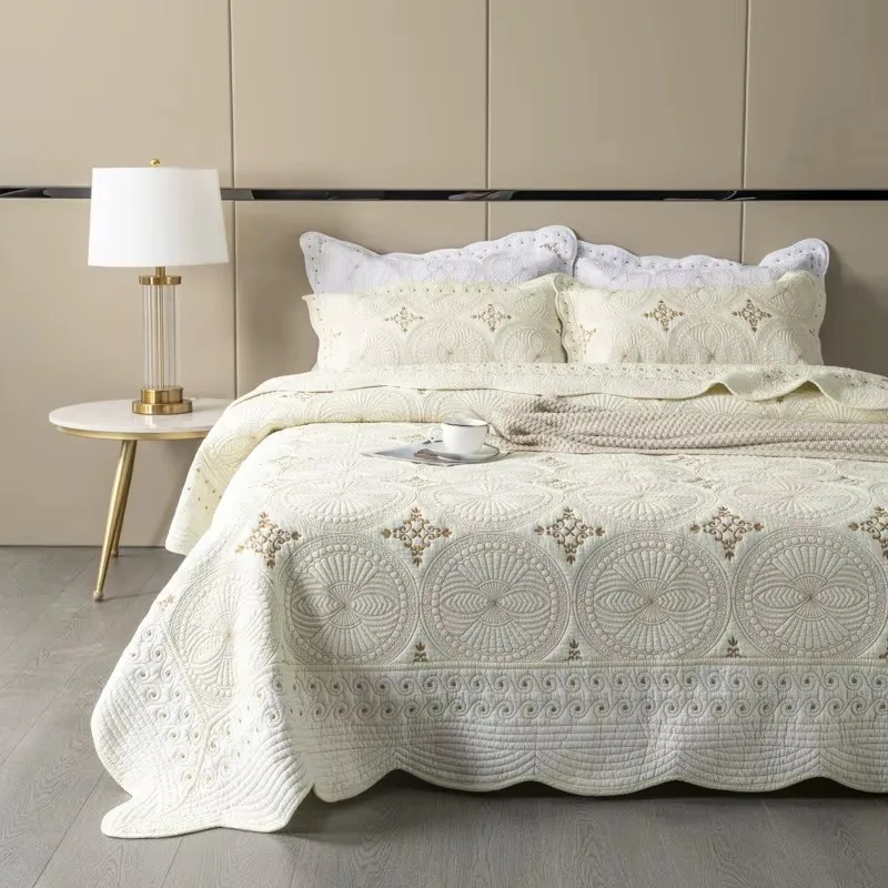 Embroidered Cotton Quilt Set 3PCS - King/Queen Size Solid Color Coverlet Lightweight Summer Bedspread Breathable Blanket for Bed