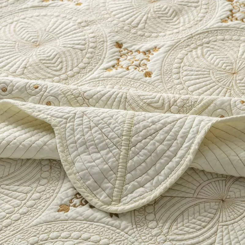 Embroidered Cotton Quilt Set 3PCS – King/Queen Size Solid Color Coverlet Lightweight Summer Bedspread Breathable Blanket for Bed
