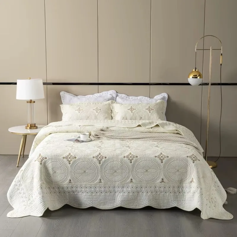 Embroidered Cotton Quilt Set 3PCS – King/Queen Size Solid Color Coverlet Lightweight Summer Bedspread Breathable Blanket for Bed